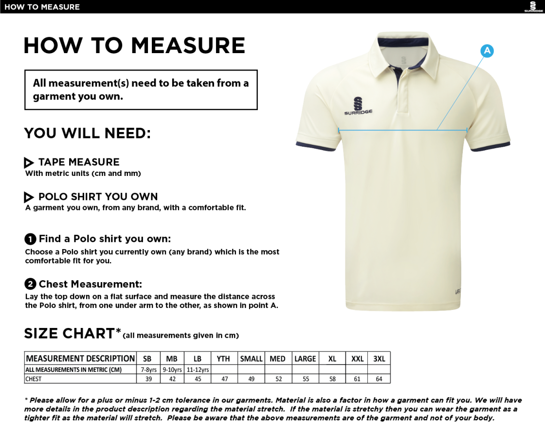 Langtons CC - Short Sleeve Playing Shirt - Size Guide