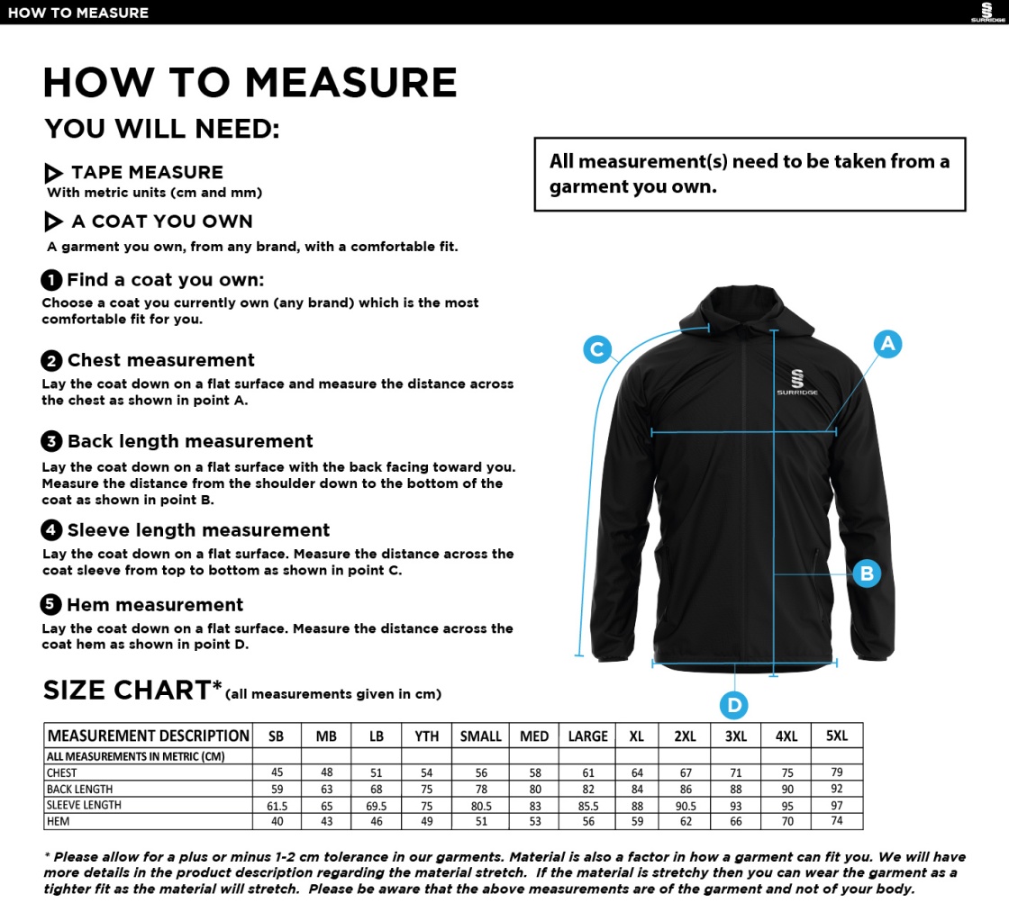 Langtons CC - Lightweight Full Zip Training Jacket - Size Guide