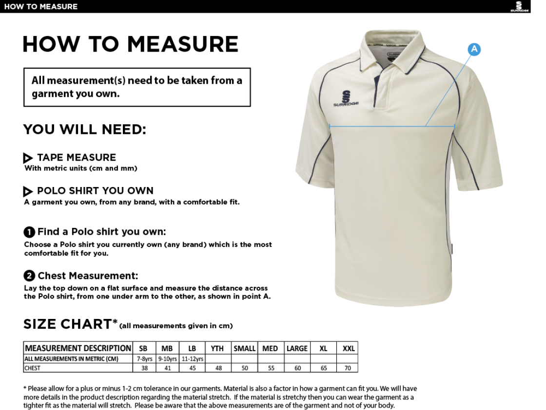 Langtons CC - Premier 3/4 Sleeve Playing Shirt - Size Guide