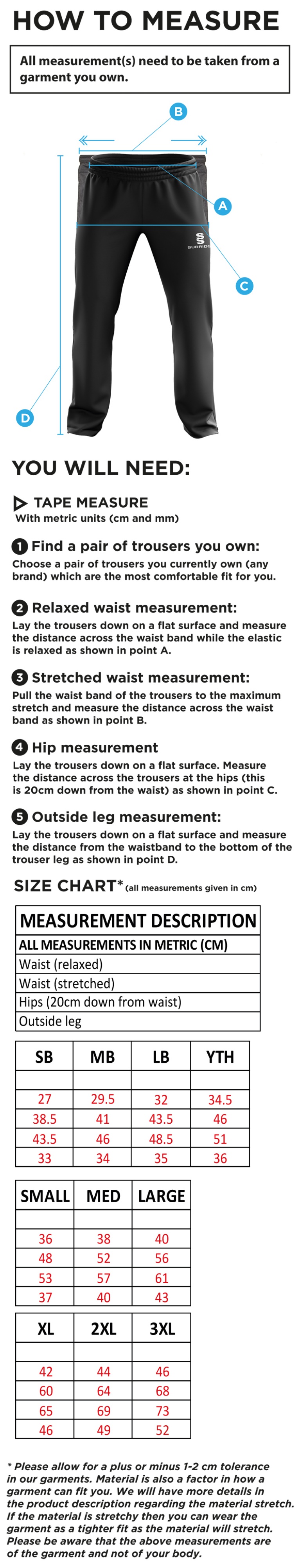 Langtons CC - Ripstop Track Pant - Size Guide