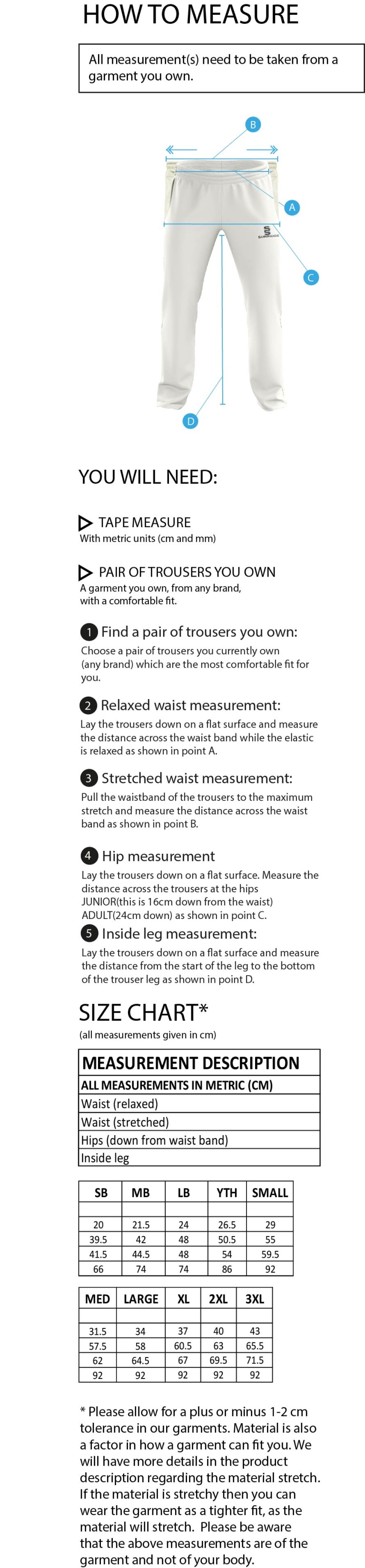 Langtons CC - Standard Playing Pant - Size Guide