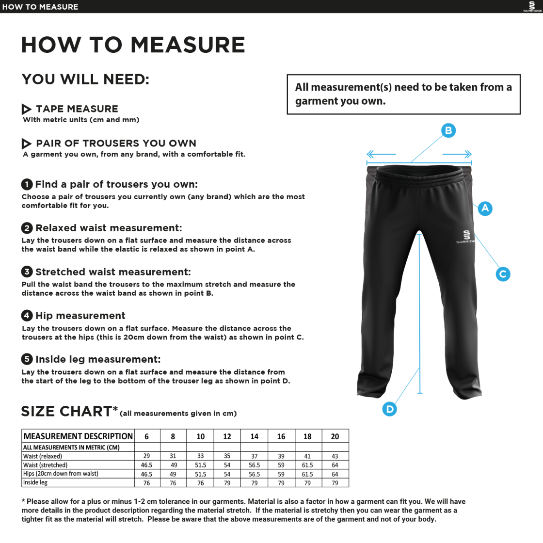 Langtons CC - Women's Poplin Track Pant - Size Guide