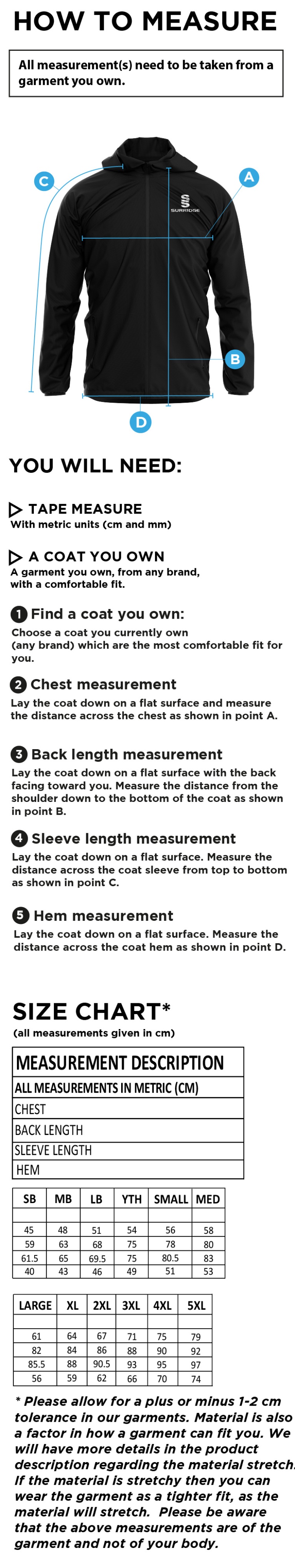 Langtons CC - Lightweight Full Zip Training Jacket - Size Guide