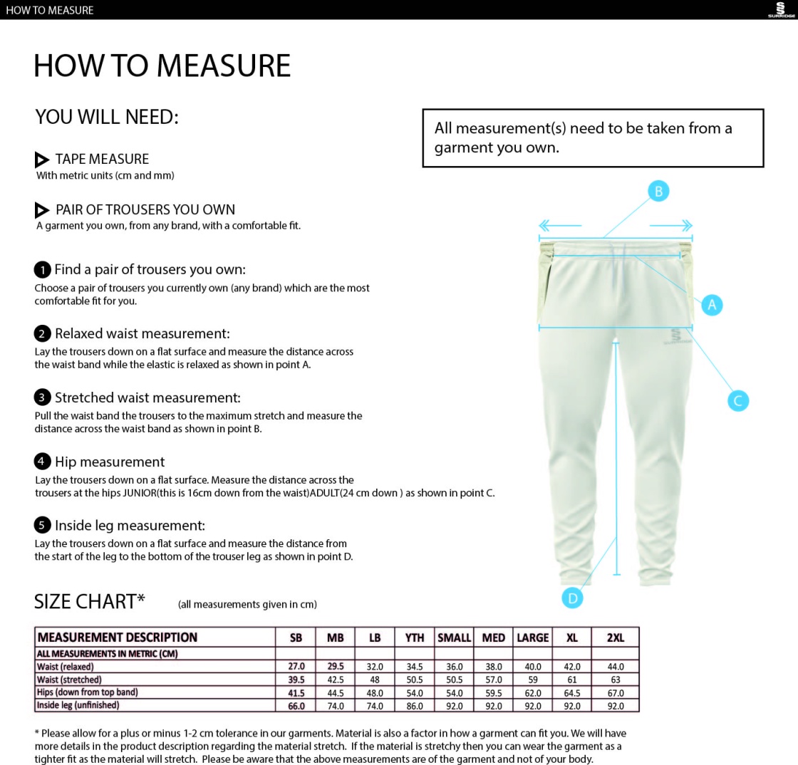 Langtons CC - Coloured Cricket Trousers - Size Guide