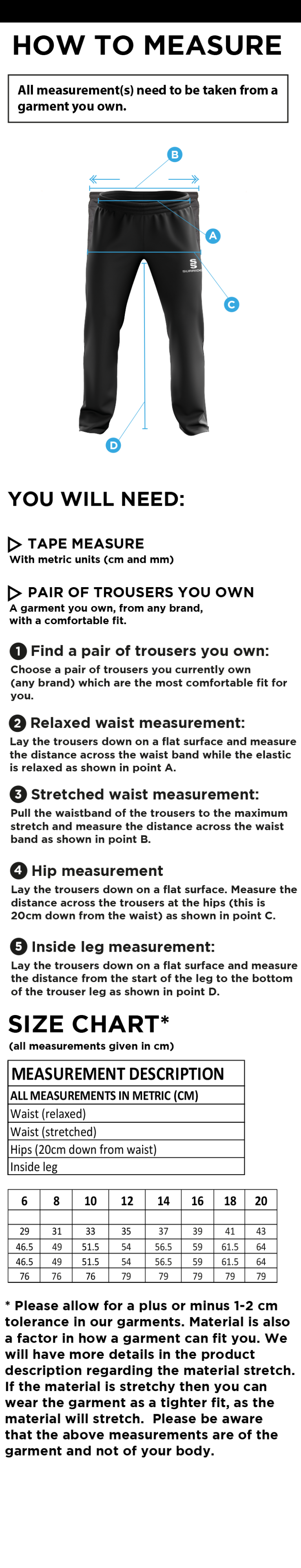 Langtons CC - Women's Poplin Track Pant - Size Guide