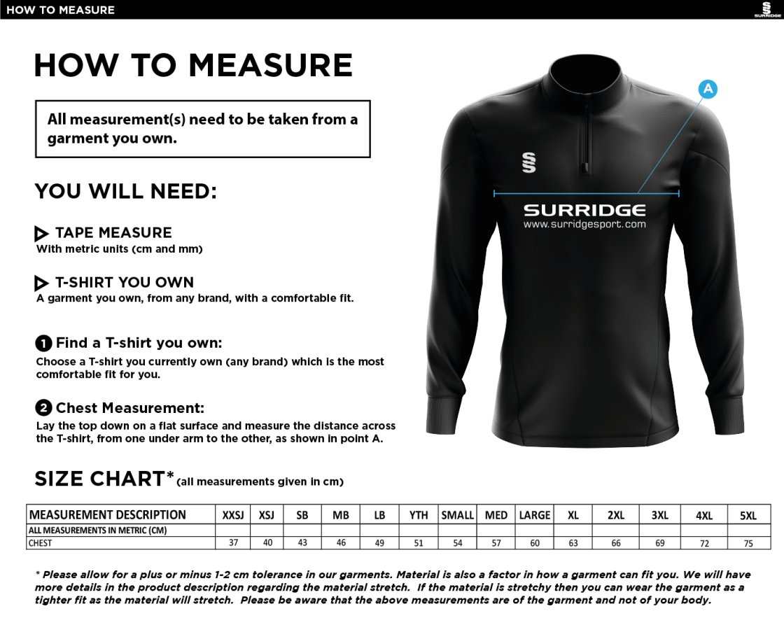 Langtons CC - Dual Performance 1/4 Zip Top - Size Guide
