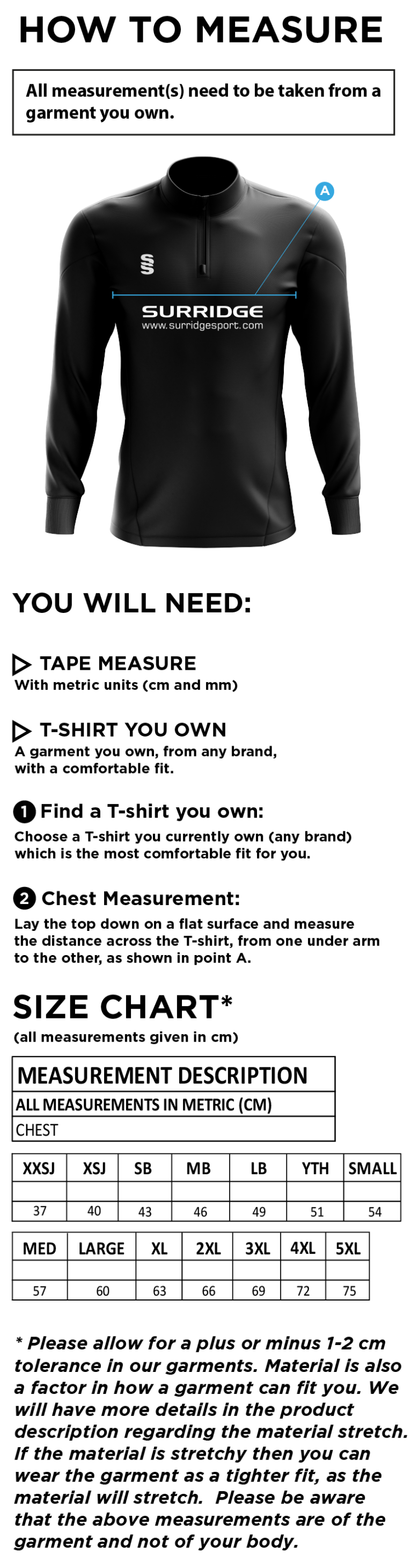 Langtons CC - Dual Performance 1/4 Zip Top - Size Guide