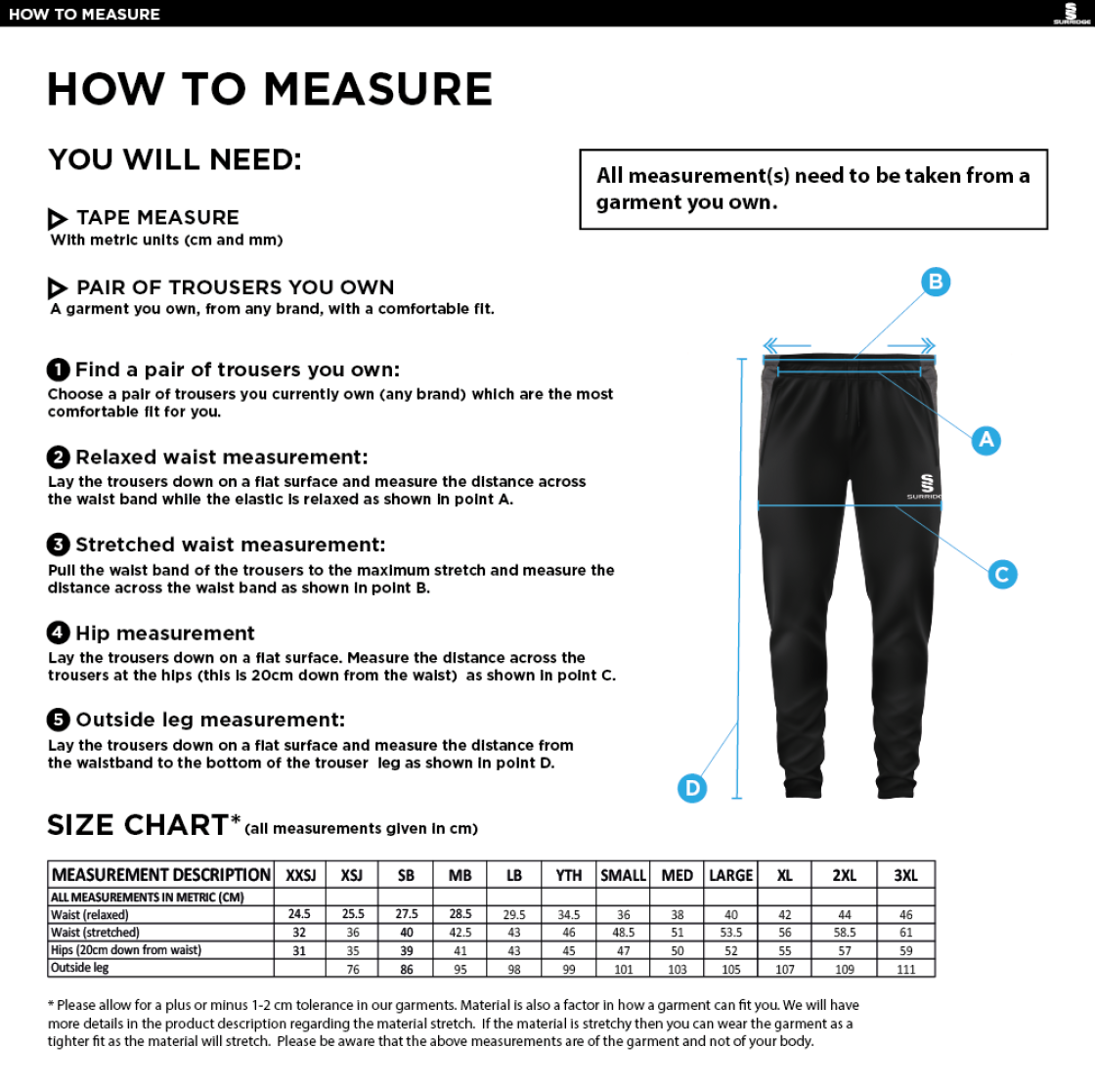 Langtons CC - Slim Training Pants - Size Guide