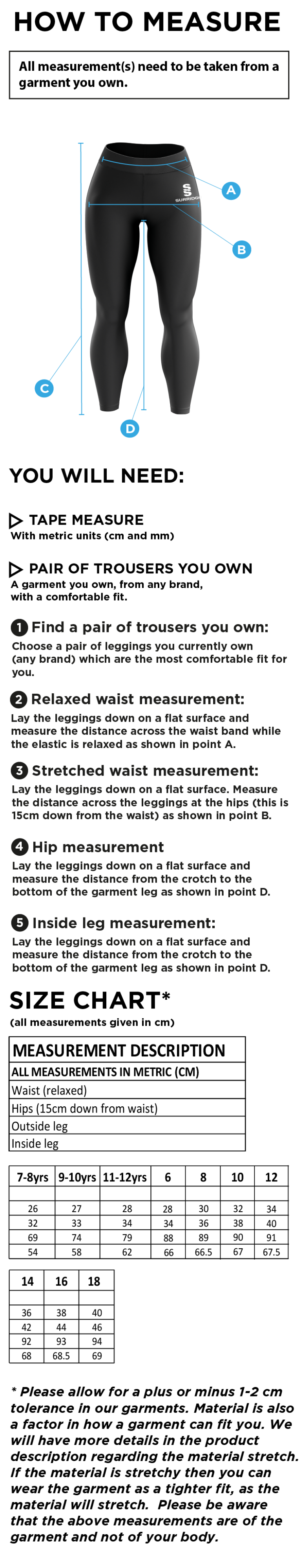 Langtons CC - Dual Leggings - Size Guide