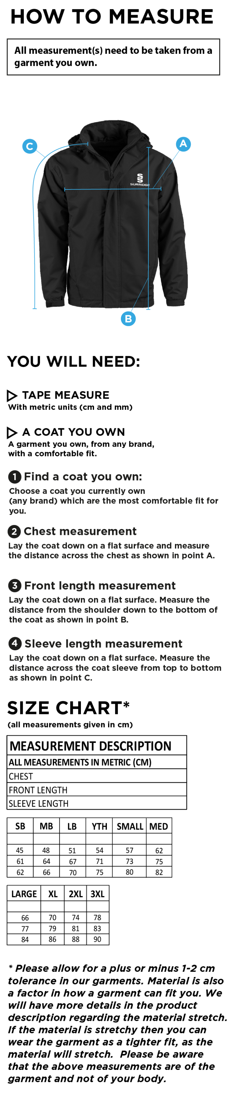 Langtons CC - Fleeced Line Jacket - Size Guide