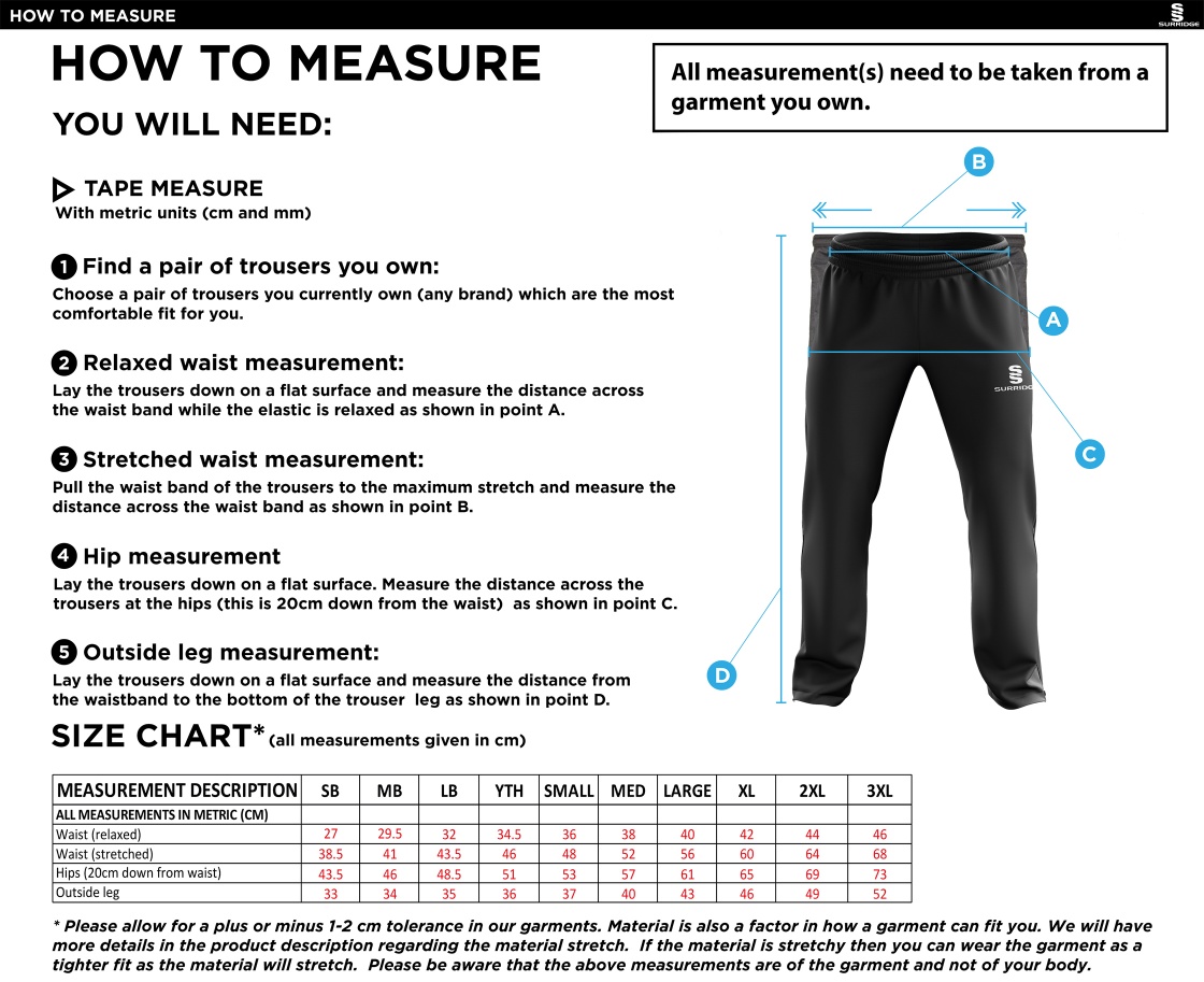 Langtons CC - Ripstop Track Pant - Size Guide