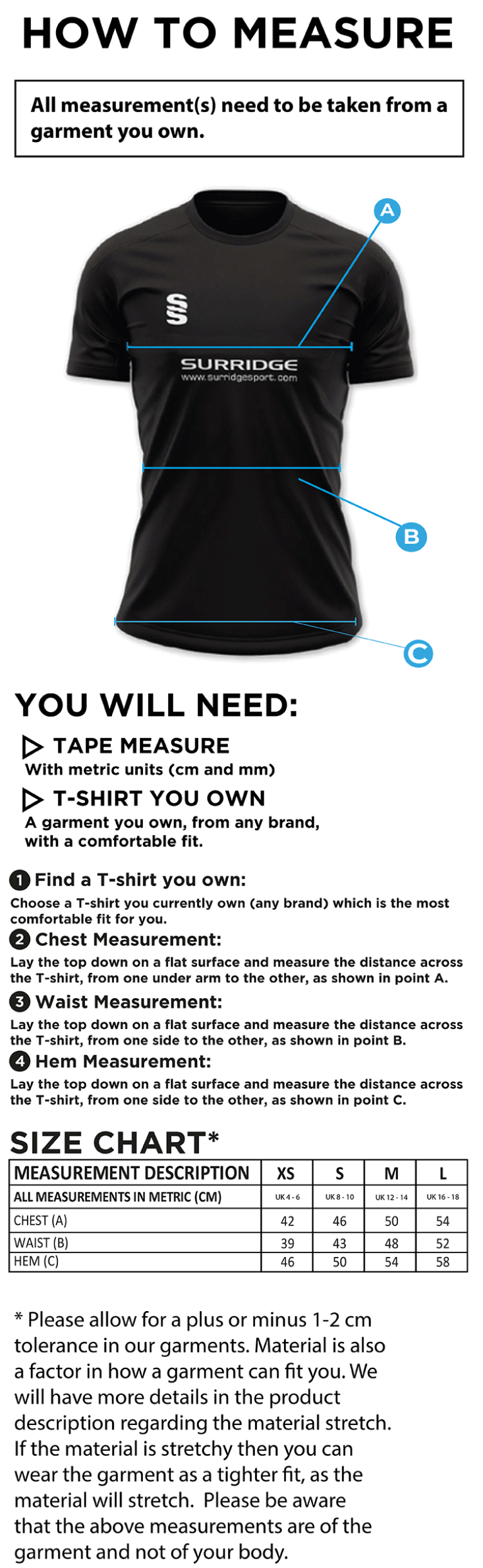 Langtons CC - Women's Dual Games Training Shirt - Size Guide
