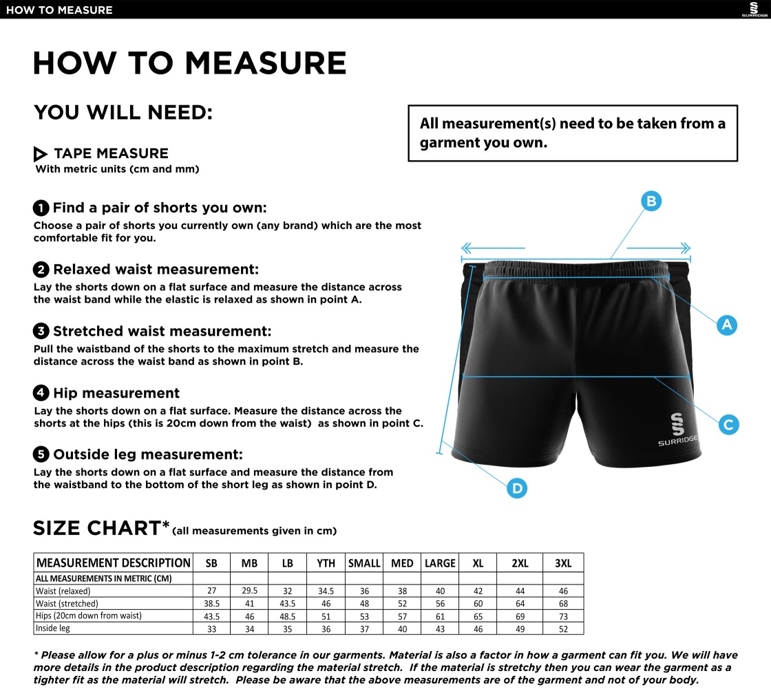 Langtons CC - Dual Gym Shorts - Size Guide