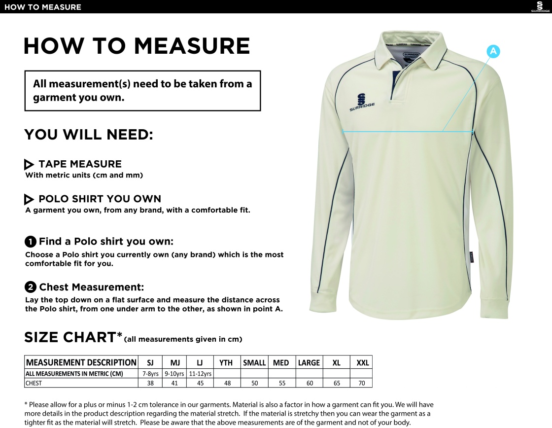 Langtons CC - Premier Long Sleeve Playing Shirt - Size Guide