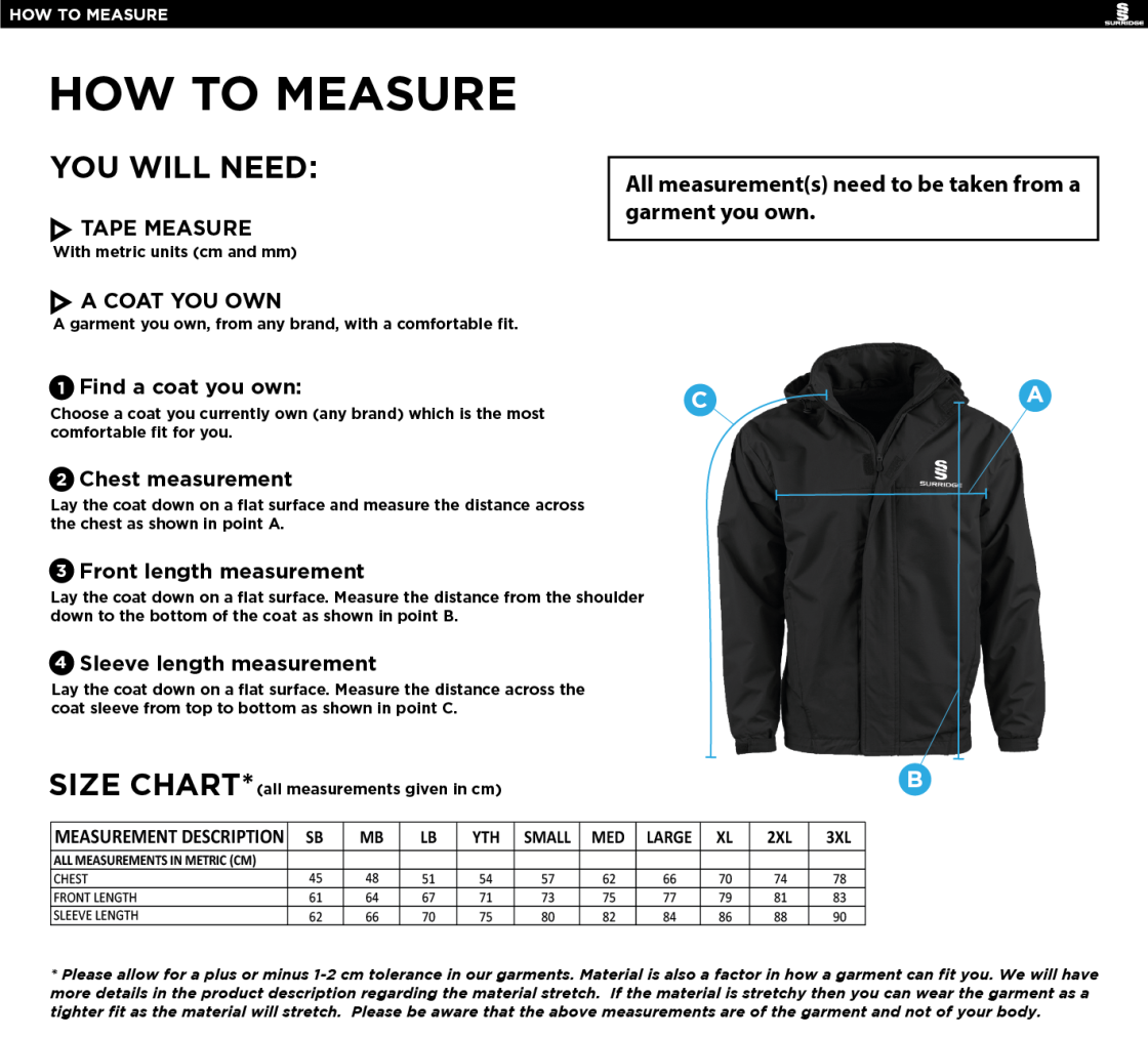 Langtons CC - Fleeced Line Jacket - Size Guide
