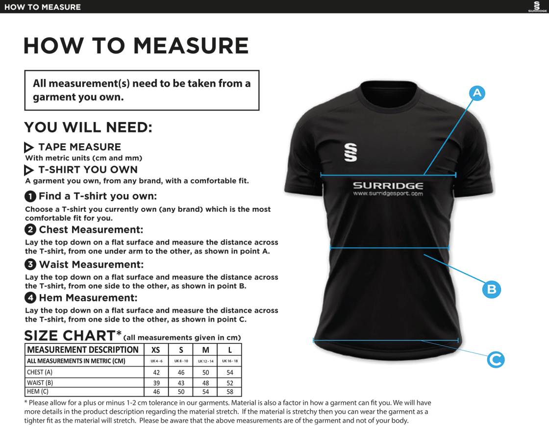 Langtons CC - Women's Dual Games Training Shirt - Size Guide
