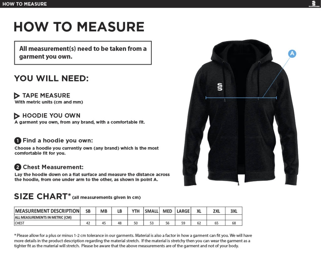 Langtons CC - Dual Bonded Full Zip Hoody - Size Guide