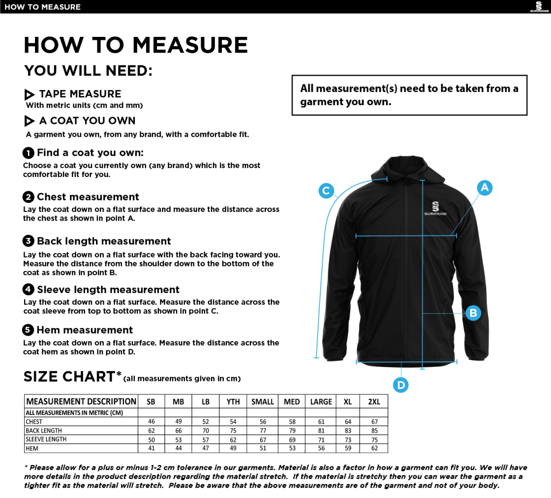 Langtons CC - Lightweight Full Zip Training Jacket - Size Guide